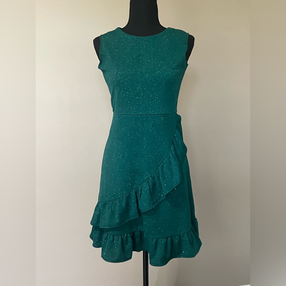 Rare Editions Green Asymmetrical Ruffled Sheath Dress